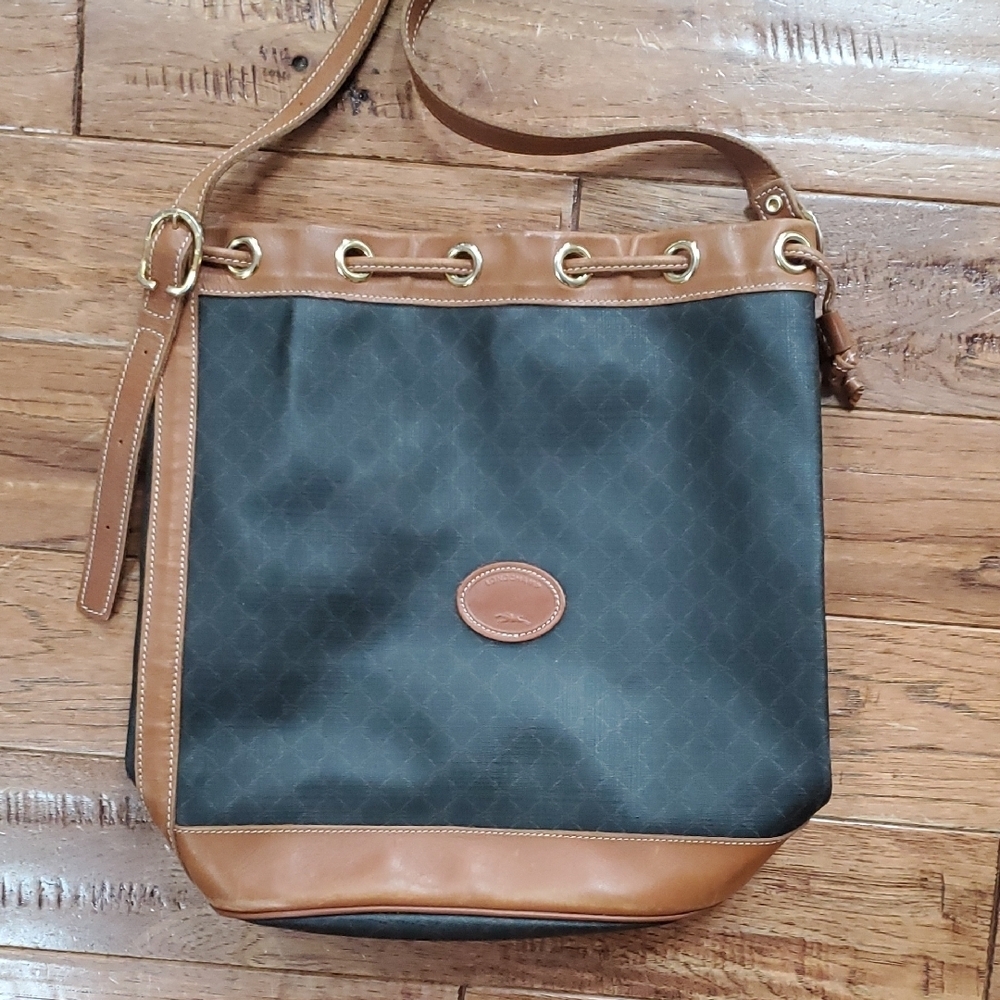 Longchamp Canvas Coated Vintage Bucket Elegant Black and Brown Women's Bag